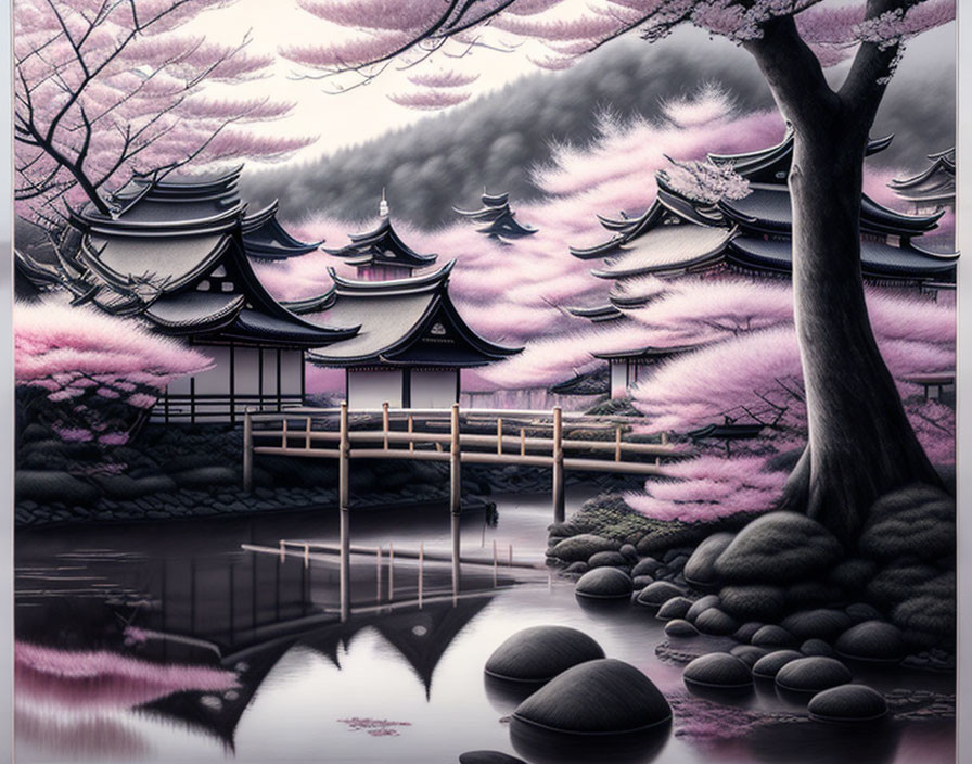 Japanese architecture with multi-tiered roofs near pond, cherry blossoms, purple sky