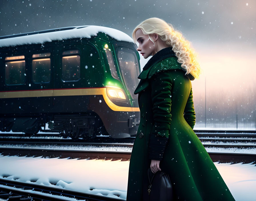 Woman in Green Coat on Snowy Train Platform at Dusk with Approaching Train