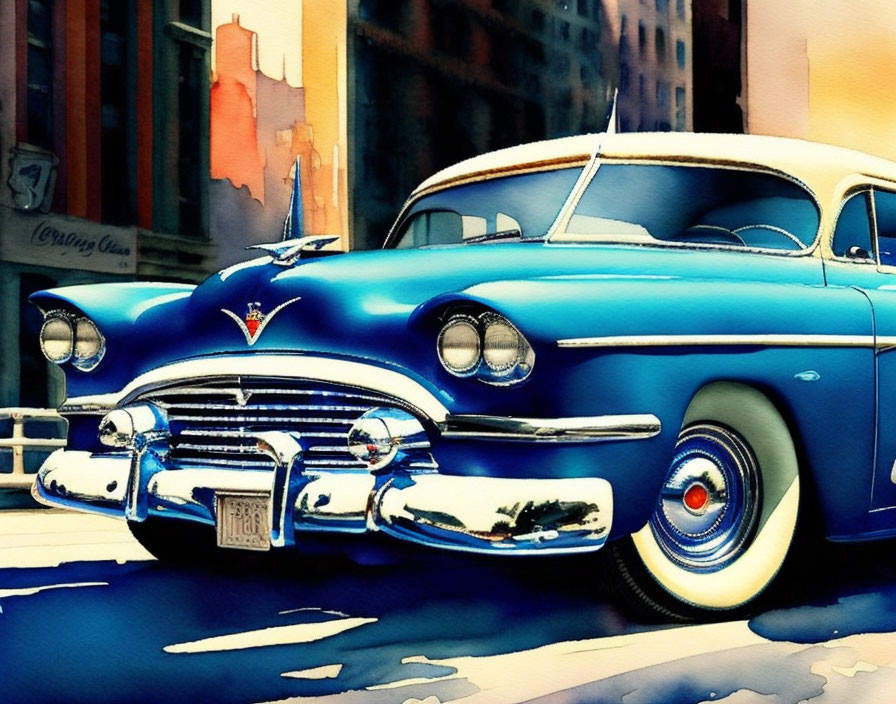 Classic Blue Car with Chrome Detailing and Whitewall Tires in Watercolor Style