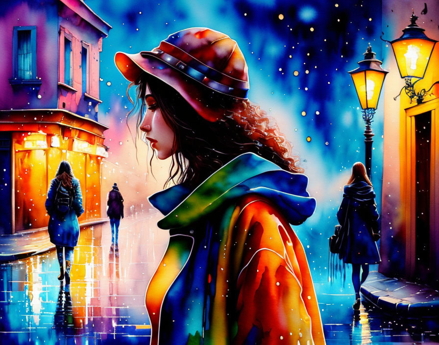 Colorful painting of woman in cloak and hat under neon city lights