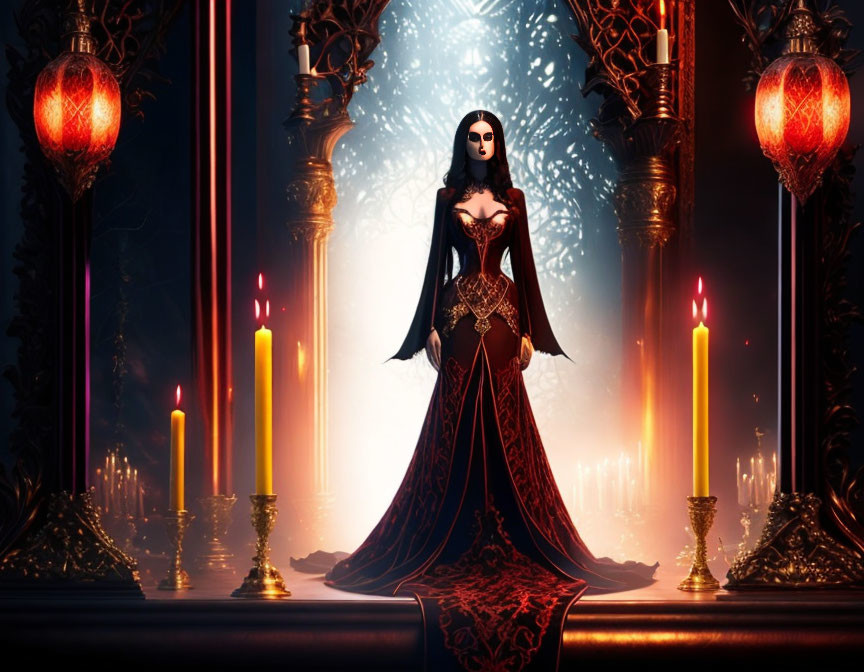 Regal woman in opulent gown in candle-lit room