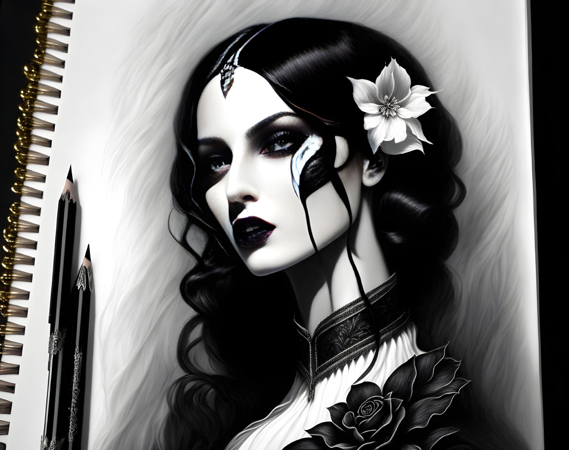 Monochrome artwork of stylized woman with dark hair, face paint, flower, and rose tattoo beside