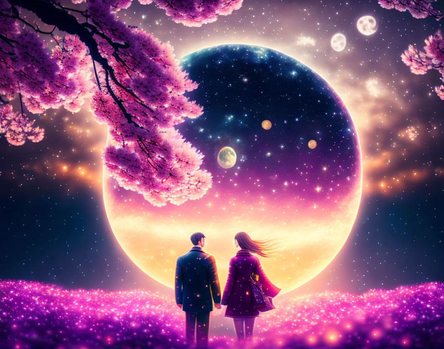 Couple under cherry blossoms with glowing moon and stars in purple sky