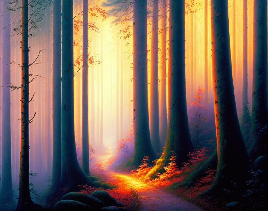 Enchanting forest scene with tall trees and sunlit path