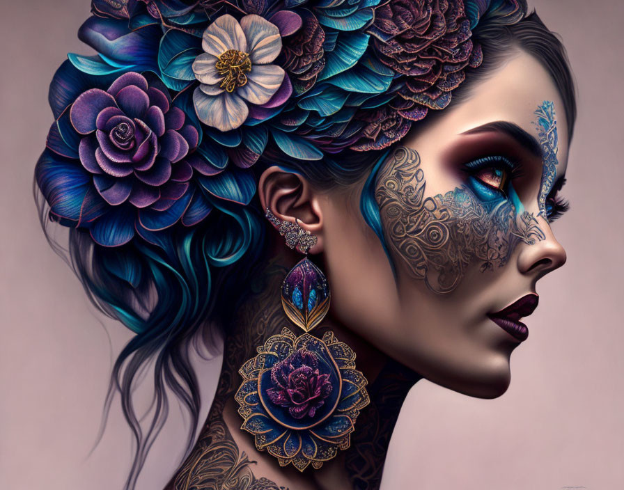 Detailed digital artwork: Woman with floral patterns, blue wavy hair, flowers, and ornate e