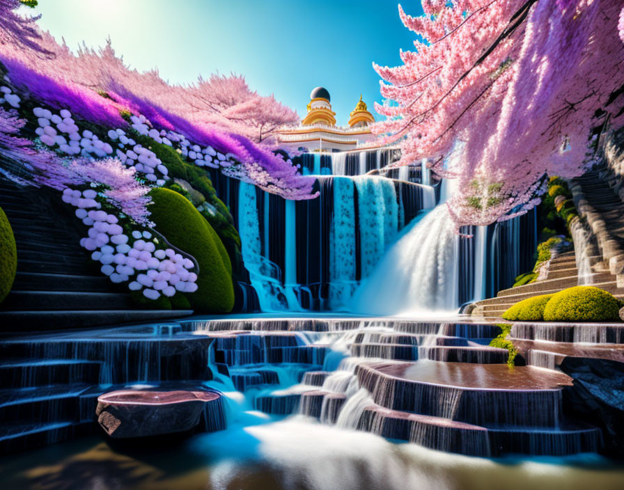 Colorful waterfall with cherry trees, mossy rocks, blue sky, and golden-roofed buildings