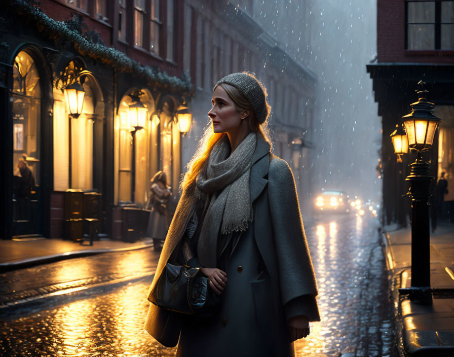 Woman in winter coat and hat on rainy, lamp-lit street at night