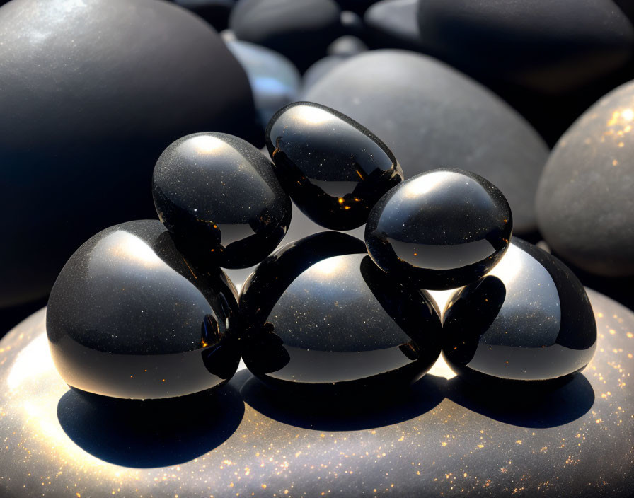 Smooth Shiny Black Stones Stacked on Dark Background