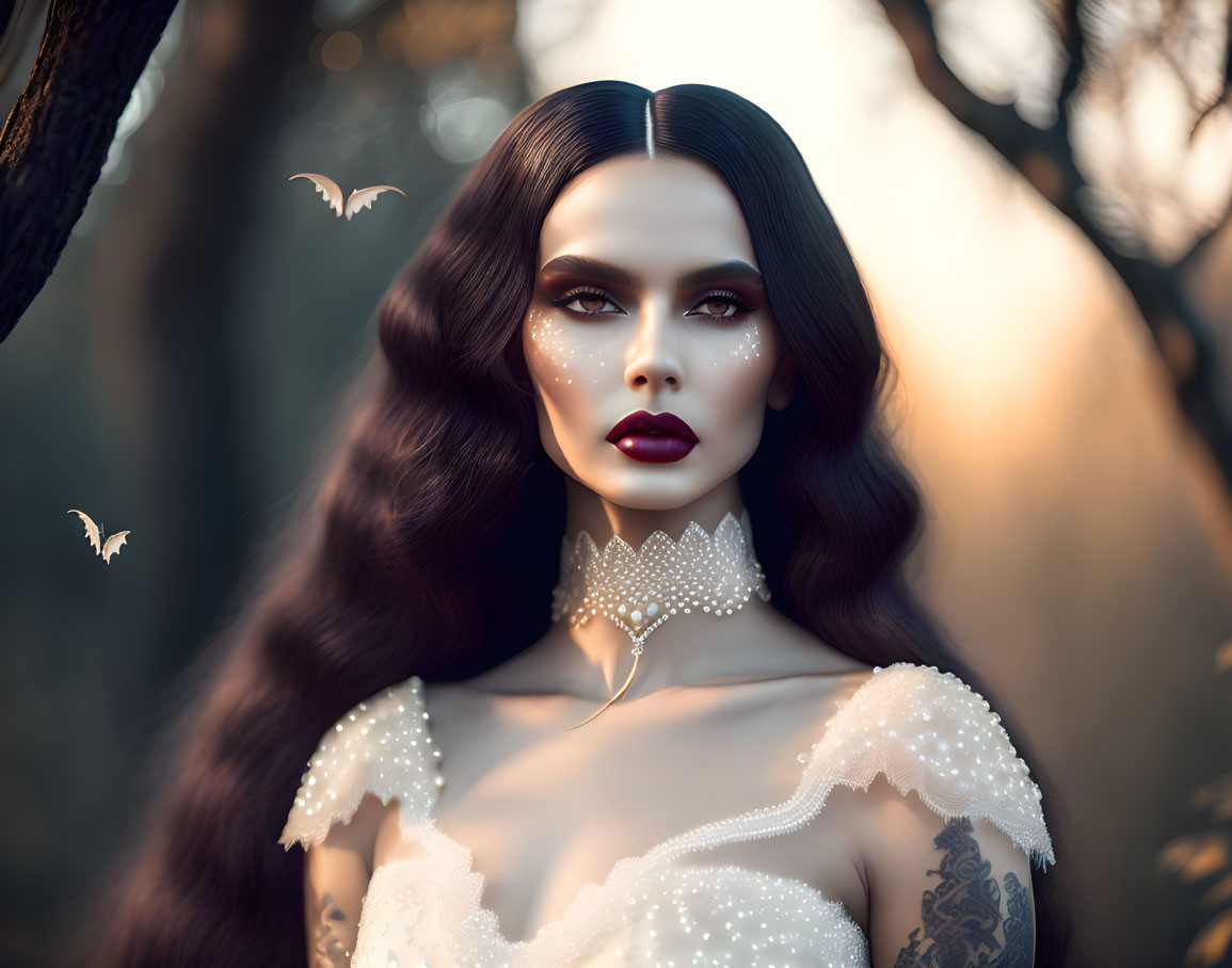 Portrait of woman with dark hair and fair skin in white outfit with bats, gothic mystical theme