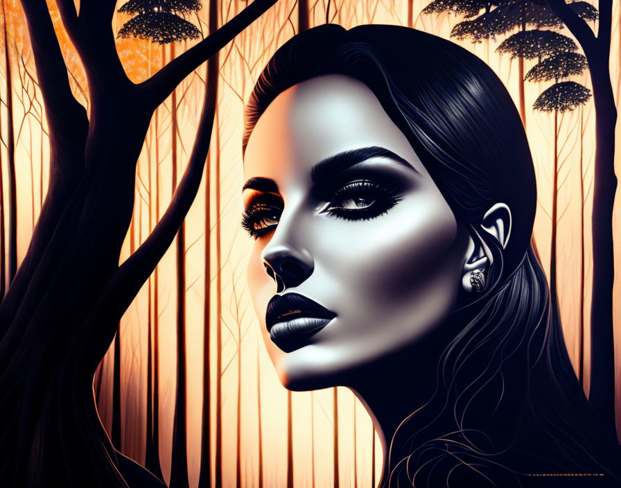 Monochromatic portrait of woman with striking makeup in orange forest.