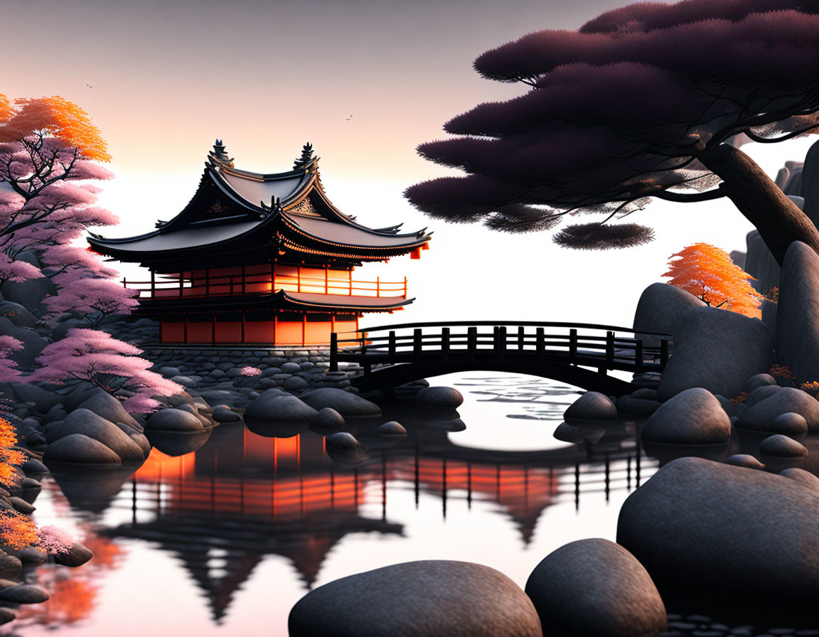 Japanese-style sunset scene with pagoda, bridge, pond, pink trees, and rocks