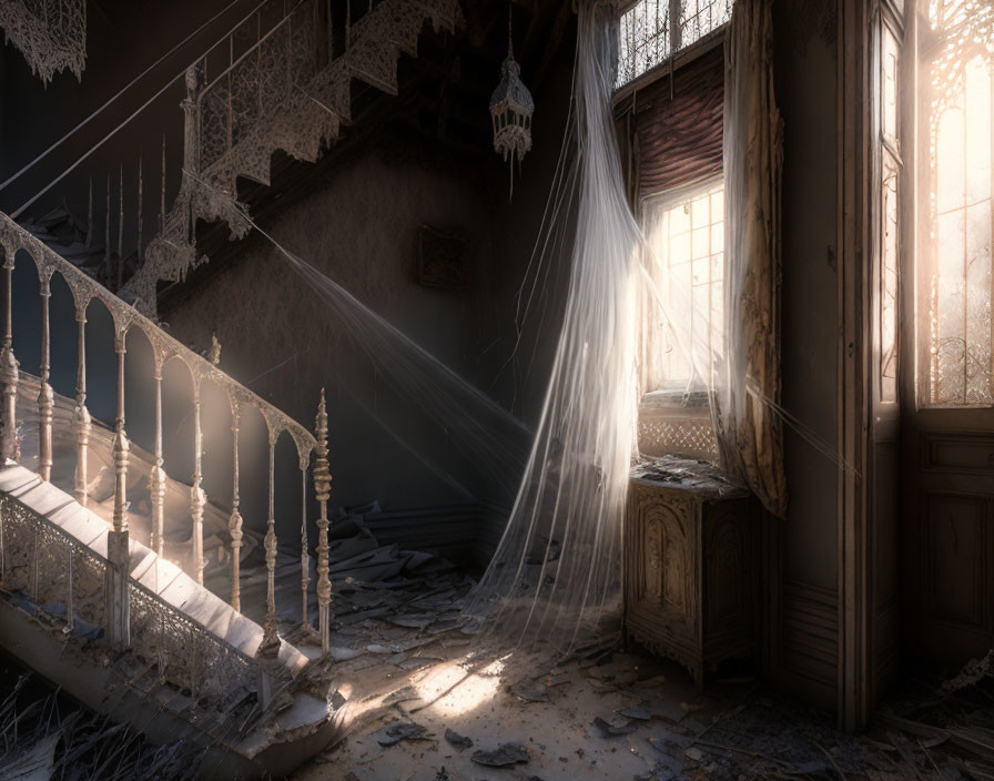 Dusty abandoned room with grand staircase and sunlight.