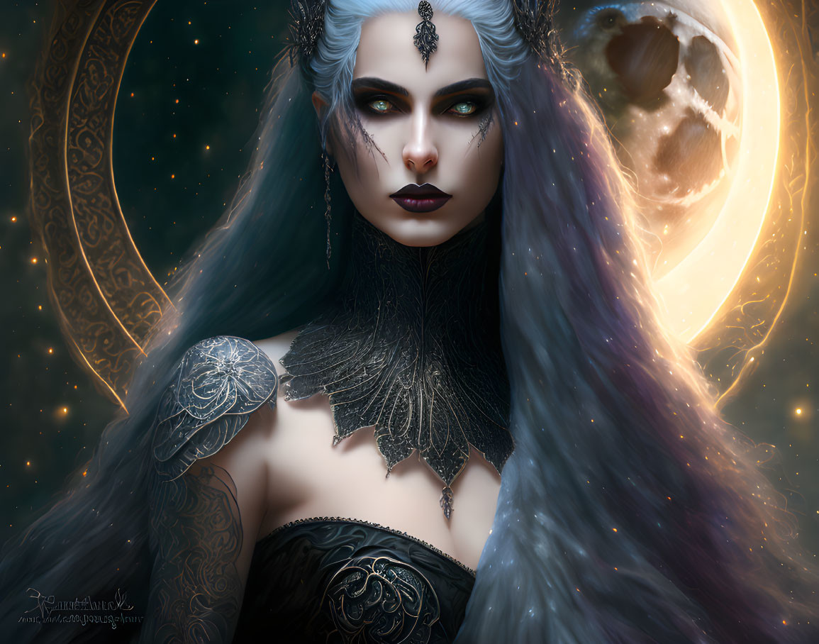 Pale-skinned fantasy female character in ornate black armor with white hair and celestial background.