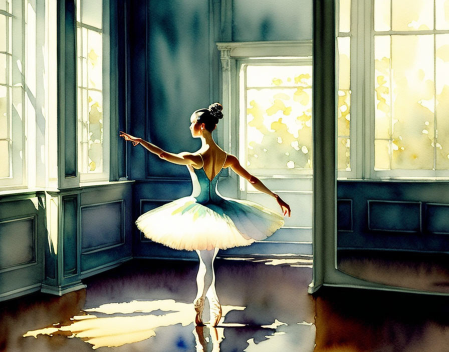 Blue tutu ballet dancer on pointe in sunlit room