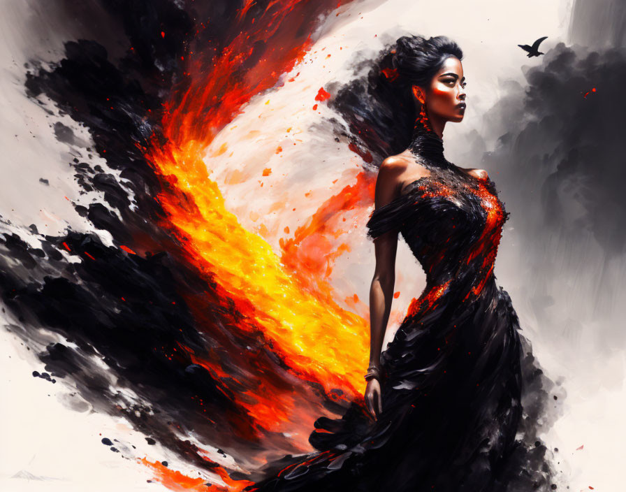 Woman in black and red dress with fiery background and bird overhead