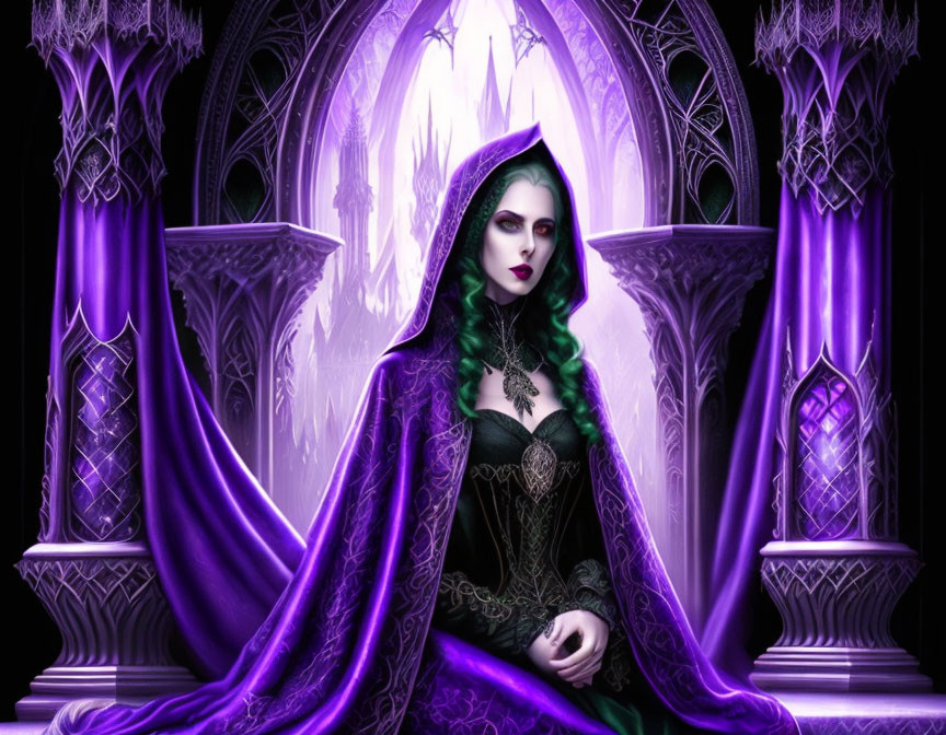 Gothic-style illustration of pale woman with green hair on throne in ornate purple chamber