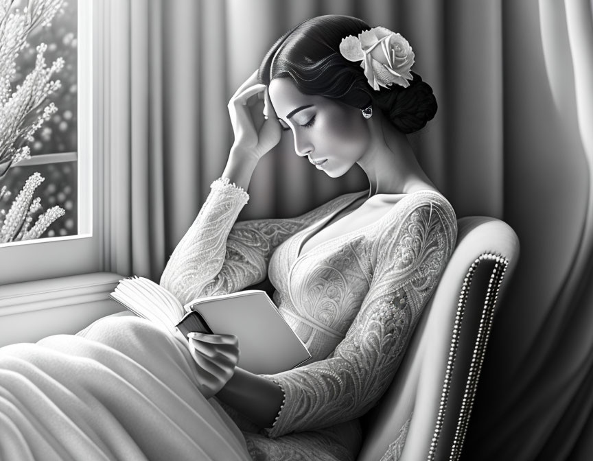 Monochrome image of elegant woman reading by window