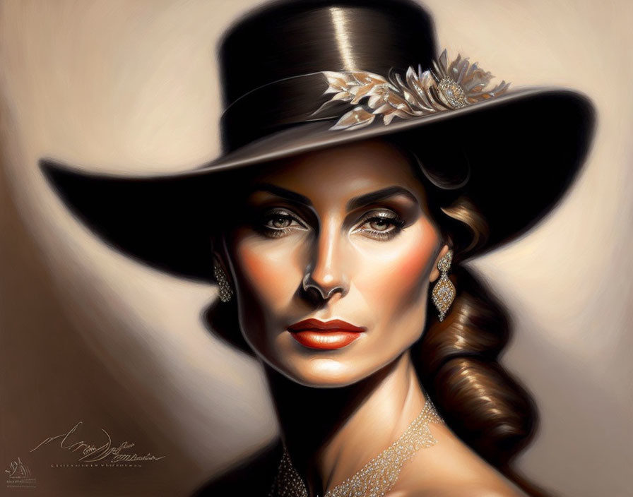 Stylish woman in large brimmed hat with feathers and glamorous jewelry