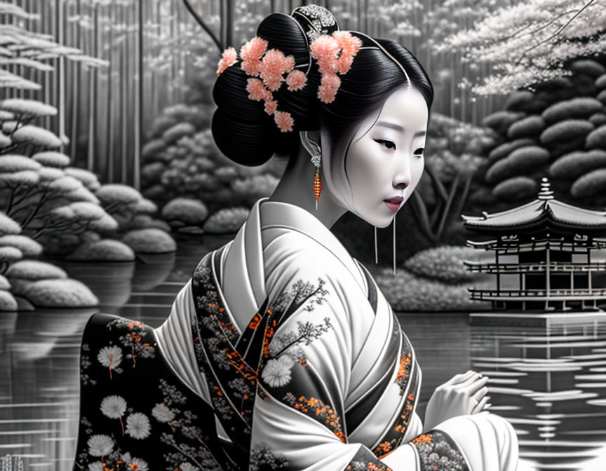 Grayscale Japanese woman illustration in serene garden setting