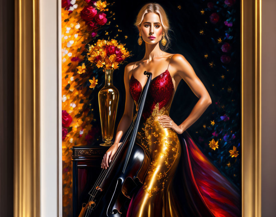 Elegant Woman in Red and Gold Gown with Cello and Flowers in Golden Frame