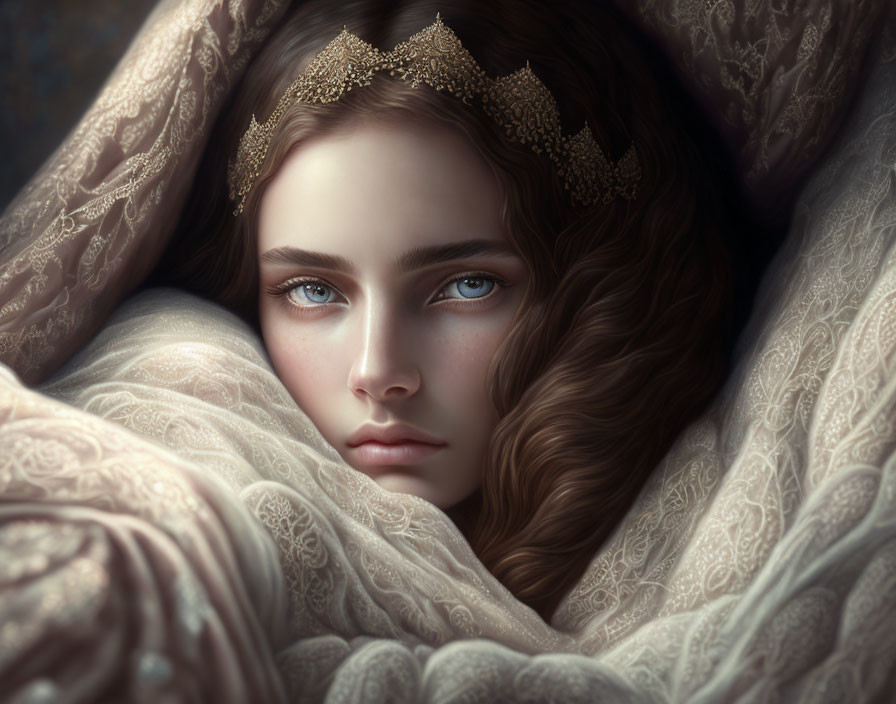 Woman with Blue Eyes and Wavy Brown Hair in Gold Headpiece and Embroidered Blanket