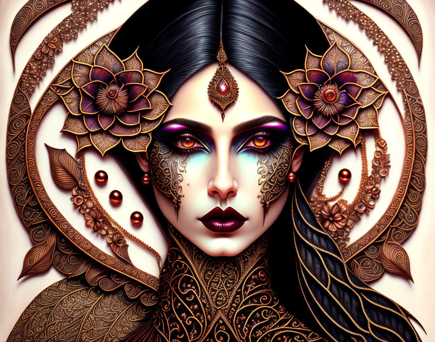 Woman with intricate henna-like designs and jewelry in mystical aura