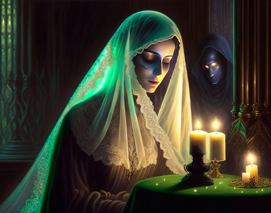 Veiled woman in green shawl gazes at candles in dimly lit room