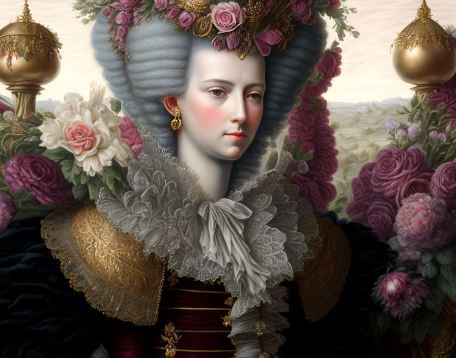 Detailed portrait of a woman in ornate hat and lace collar on floral backdrop