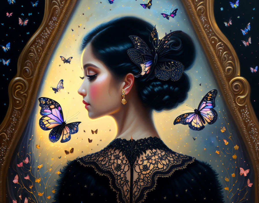 Woman in black lace dress surrounded by butterflies on starry backdrop