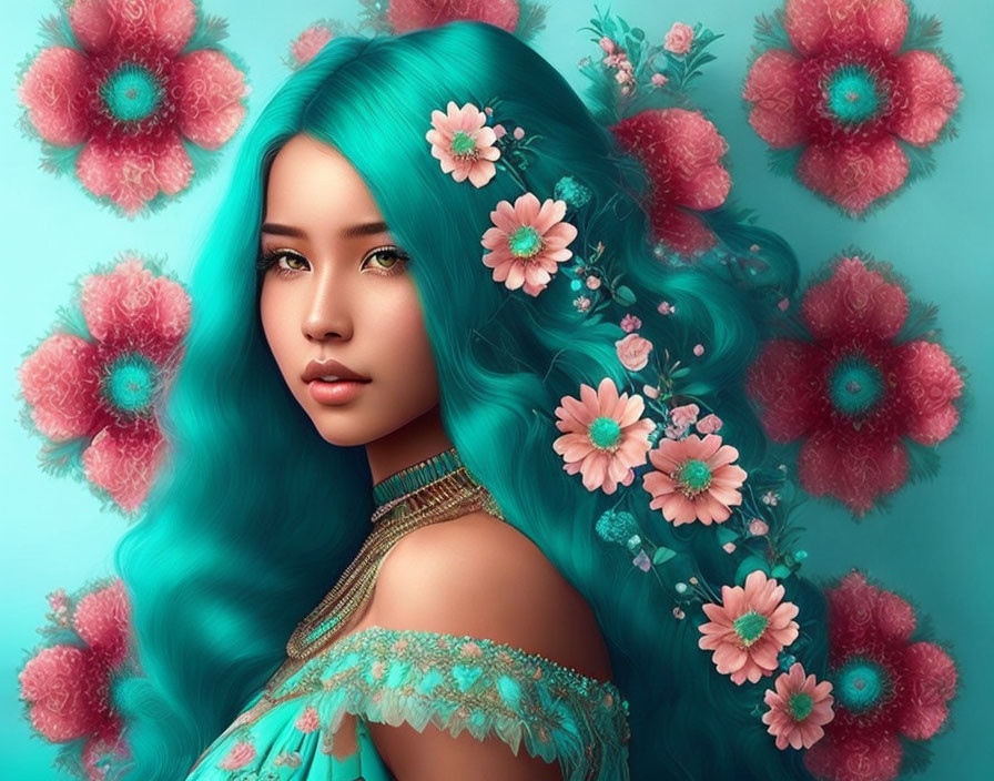 Vibrant teal hair woman with pink flowers on floral background