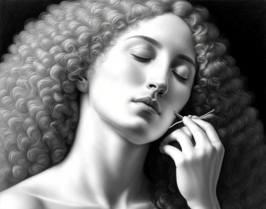 Monochrome artwork of a woman with curly hair holding an object near her lips