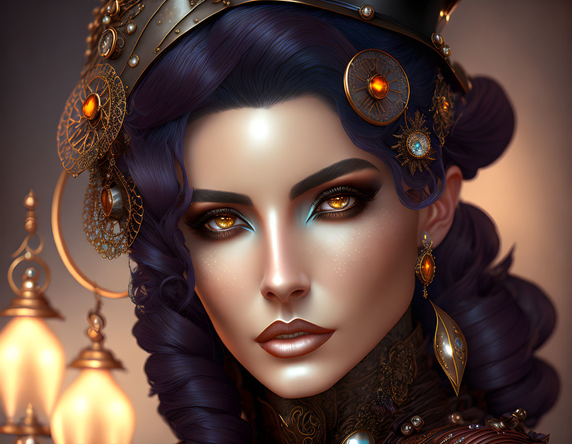 Portrait of woman with blue eyes, purple hair, and gold jewelry in front of lit lanterns