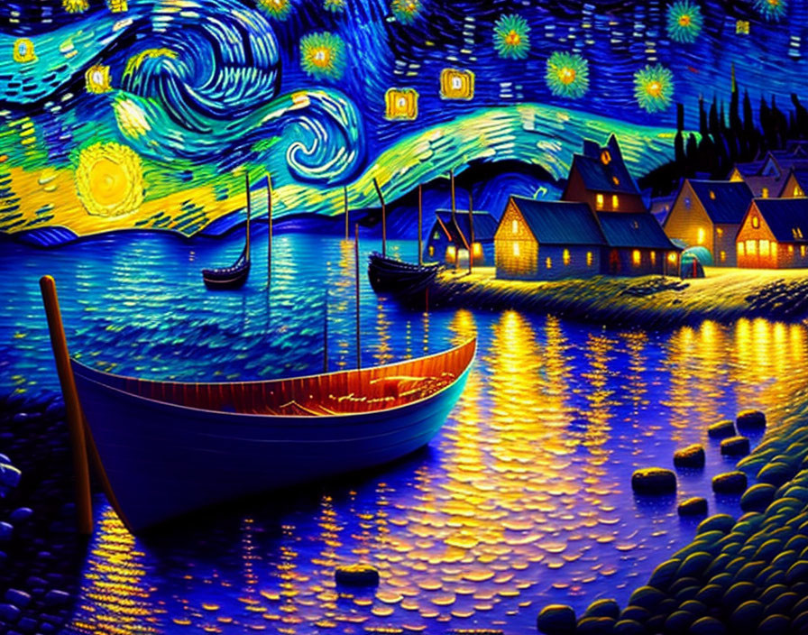 Colorful seascape painting with swirling night skies, crescent moon, boats, and quaint houses