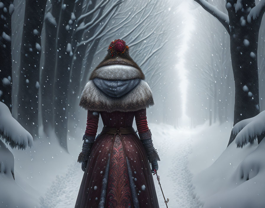 Person in Red Dress Stands in Snowy Forest Setting