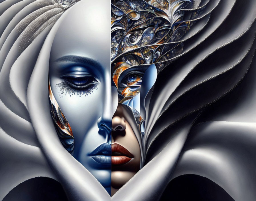 Surreal digital artwork features two female faces with decorative elements and flowing drapery effect.