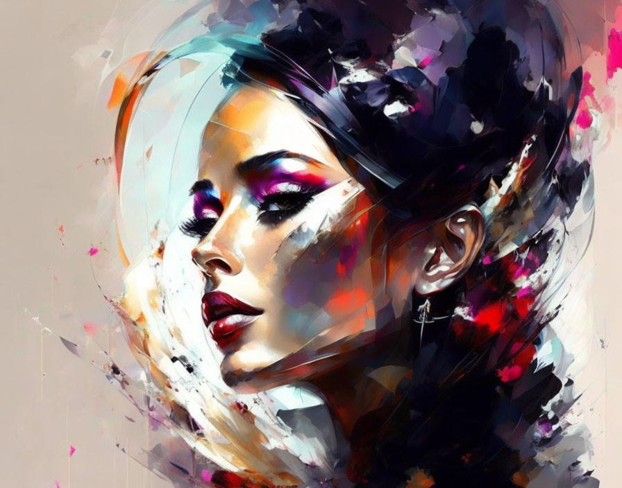 Abstract digital artwork: woman's profile with colorful brush strokes