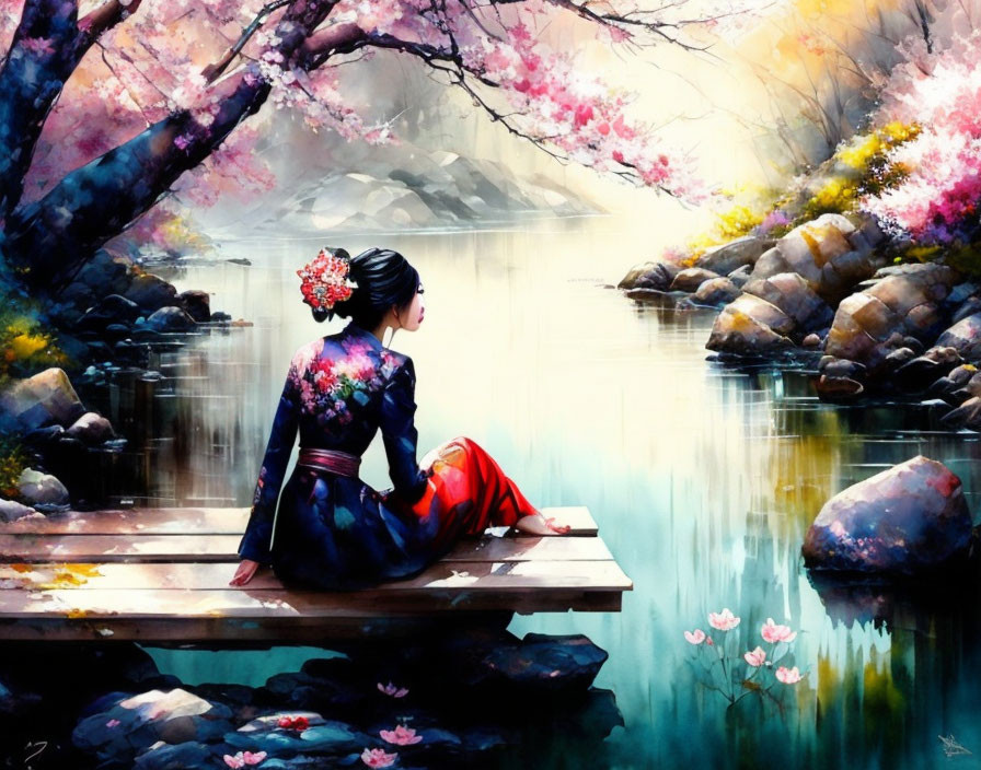 Woman in traditional dress on wooden dock by serene lake and cherry trees.