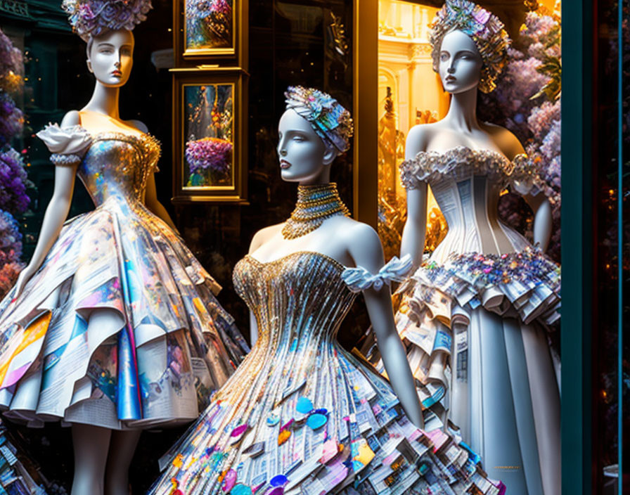 Mannequins showcase elaborate gowns with beaded necklaces and floral headpieces