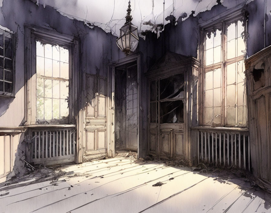 Dilapidated room with crumbling walls and broken windows