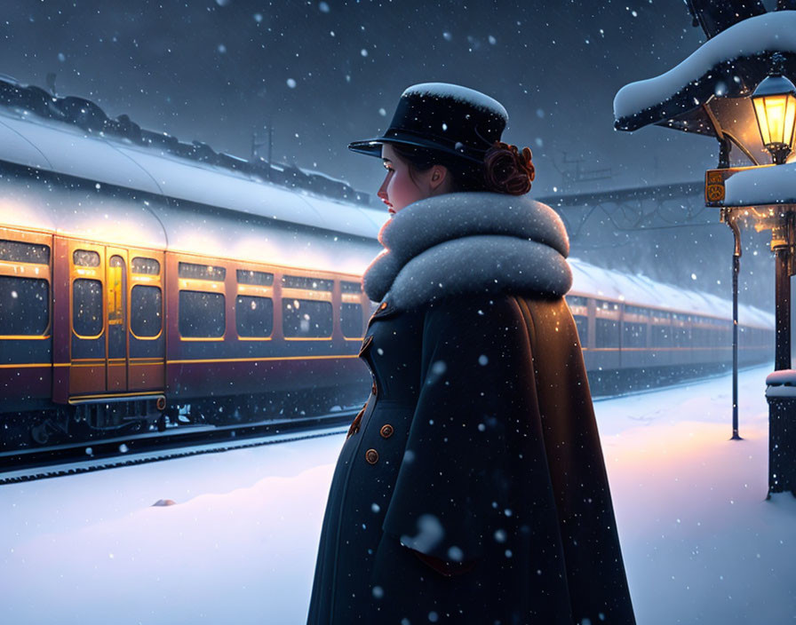 Person in Warm Coat on Snowy Train Platform at Night