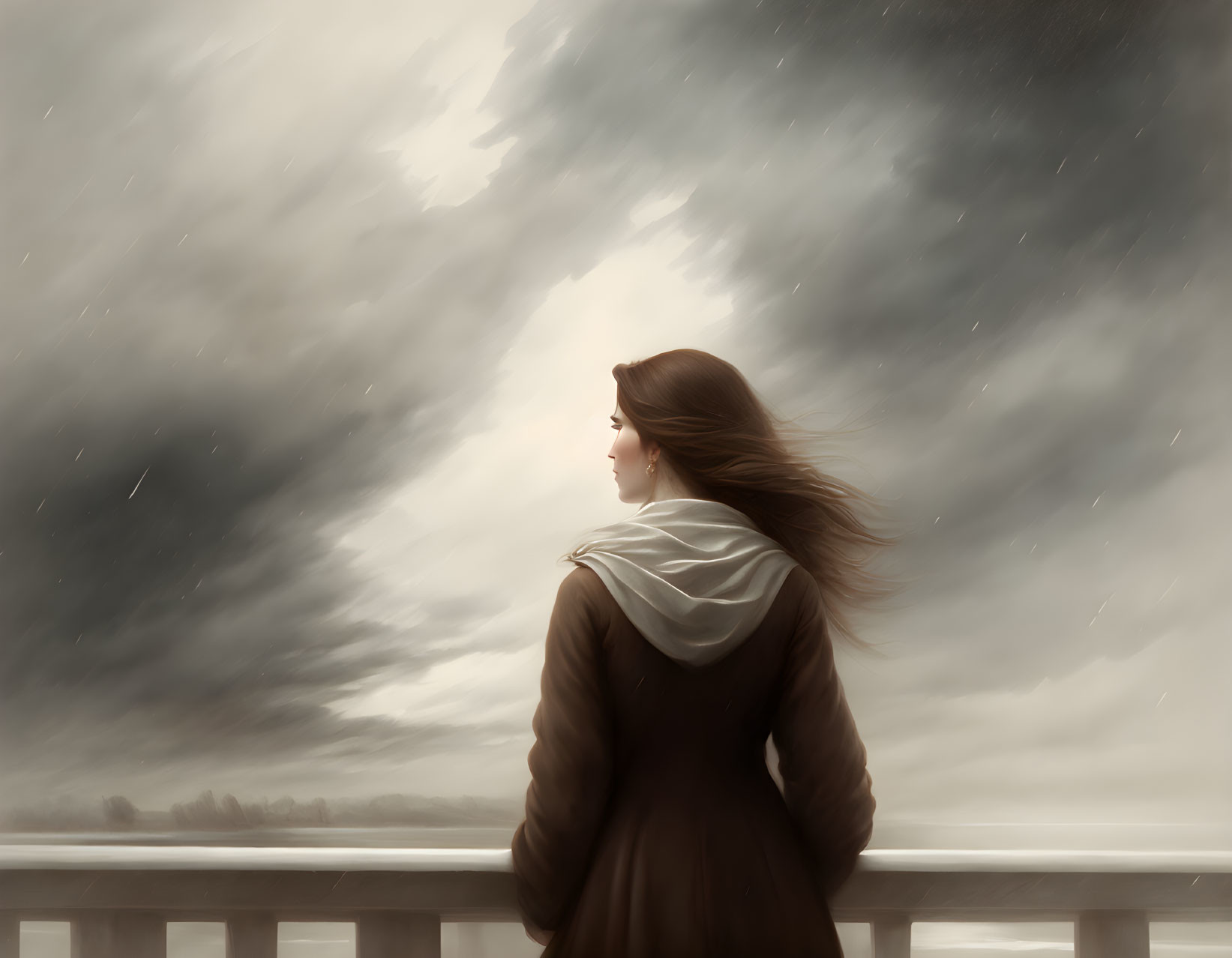 Woman standing under tumultuous sky with blowing hair and scarf.