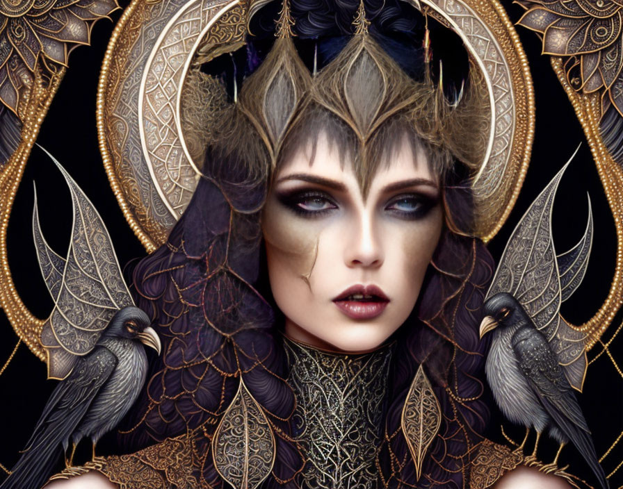 Elaborate gold and feather headpiece with dark makeup and raven illustrations