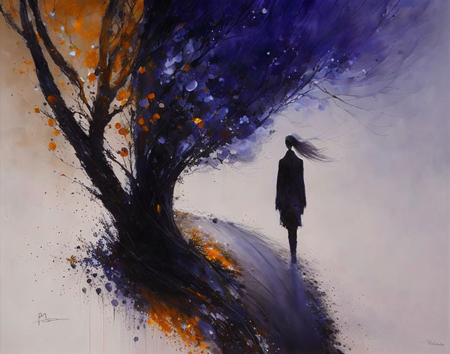 Solitary Figure Walking Away Under Vibrant Tree in Dreamlike Scene