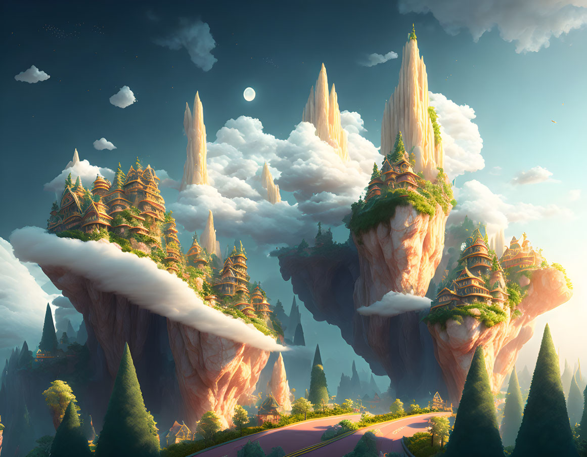 Fantasy landscape with towering rock formations and lush greenery