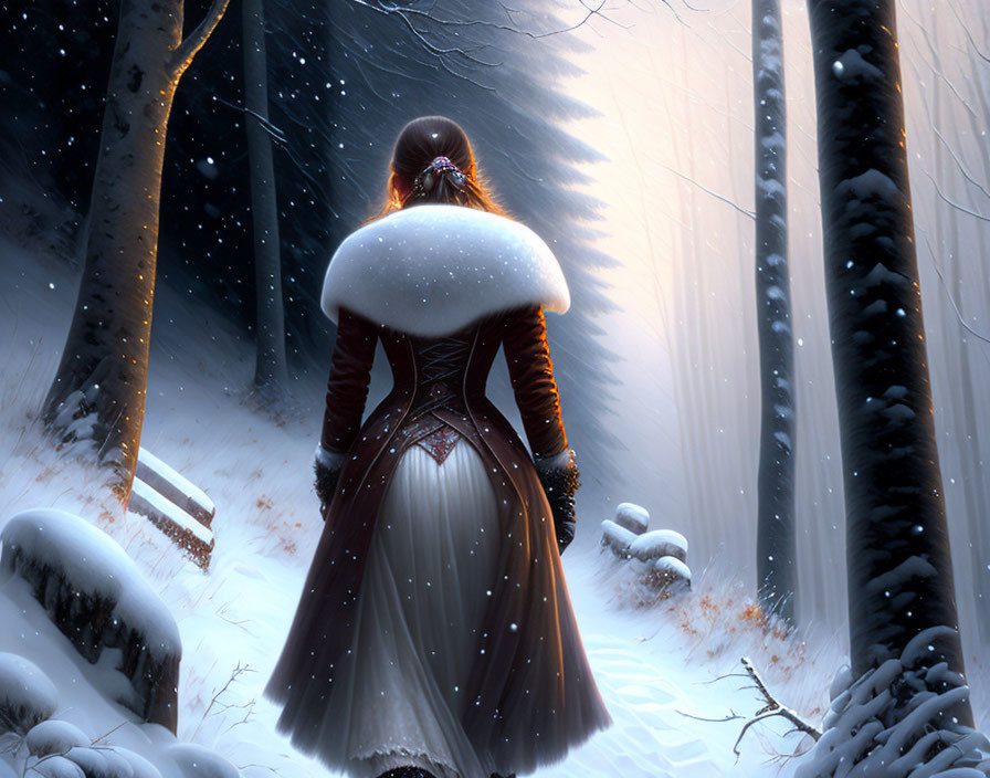 Woman in historical dress in snowy forest under falling snowflakes