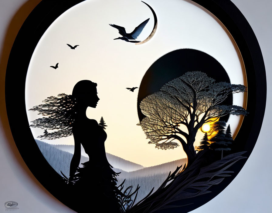 Tranquil paper cutout artwork of woman, trees, birds, moon