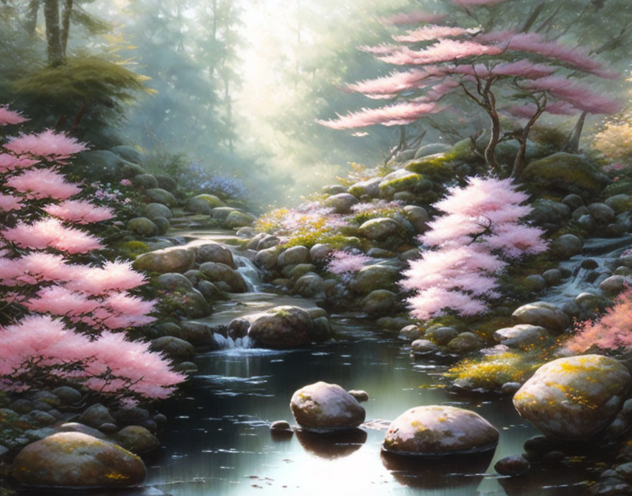 Pink Cherry Blossom Trees in Bloom by Rocky Stream