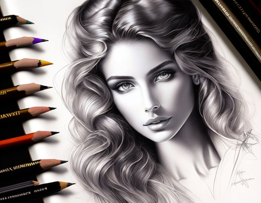 Monochromatic drawing of woman with wavy hair among colored pencils