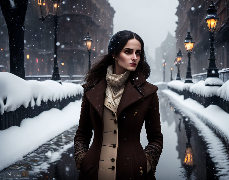 Woman in Brown Coat Walking on Snowy Street with Streetlamps