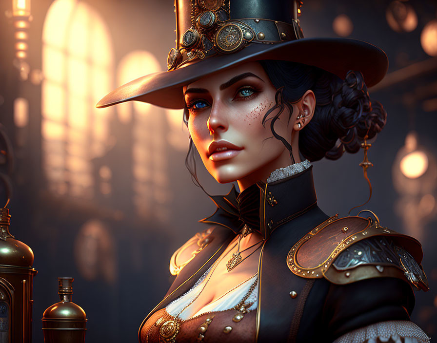 Detailed Steampunk Woman in Industrial Setting